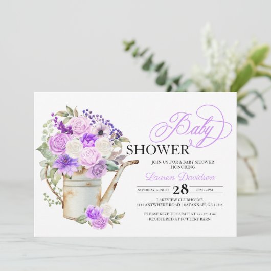 Lila Paars Baby shower van de bloemen Kaart (Staand voorkant)