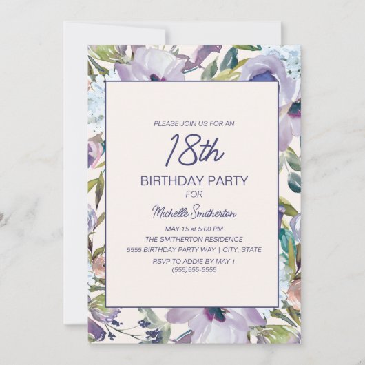 Lila Paars Floral Greenery 18th Birthday Kaart (Voorkant)