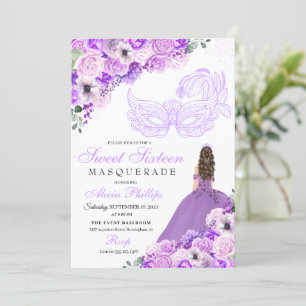 Lila Paars Floral Masquerade Sweet 16 Uitnodiging