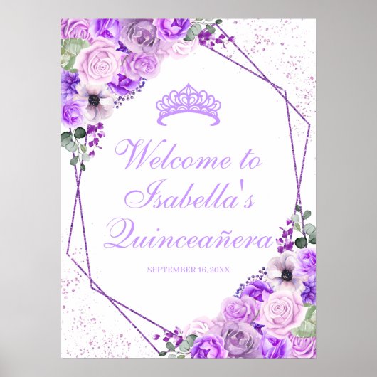 Lila Paars Floral Quinceanera Welkomstteken Poster (Voorkant)