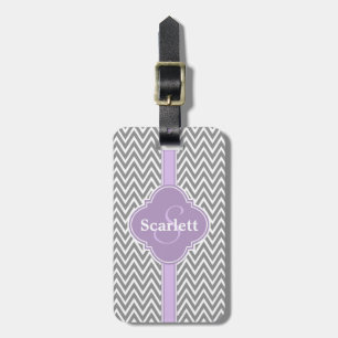 Lila Paars Gray Chevron Pattern en Monogram Bagagelabel