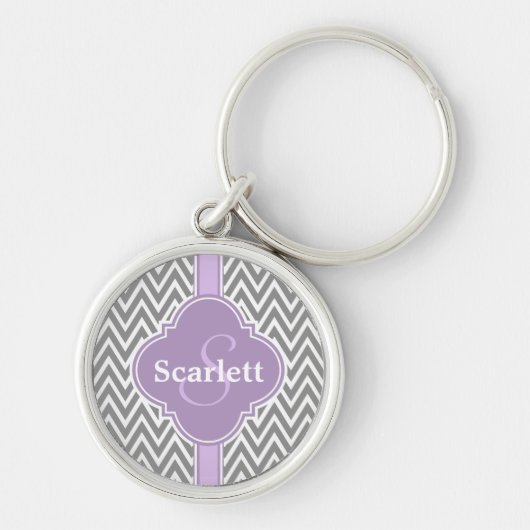 Lila Paars Gray Chevron Pattern en Monogram Sleutelhanger (Voorkant)