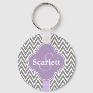 Lila Paars Gray Chevron Pattern en Monogram Sleutelhanger