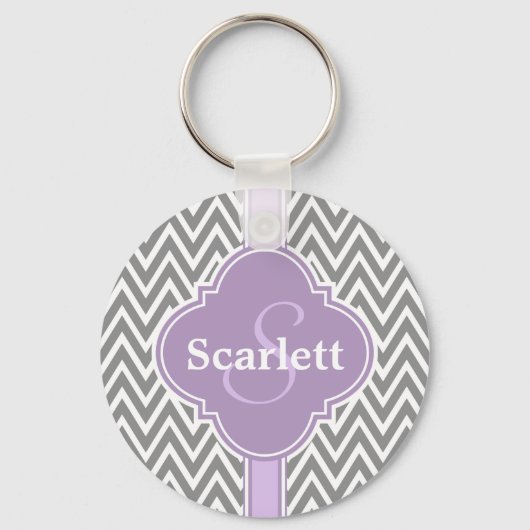 Lila Paars Gray Chevron Pattern en Monogram Sleutelhanger (Voorkant)