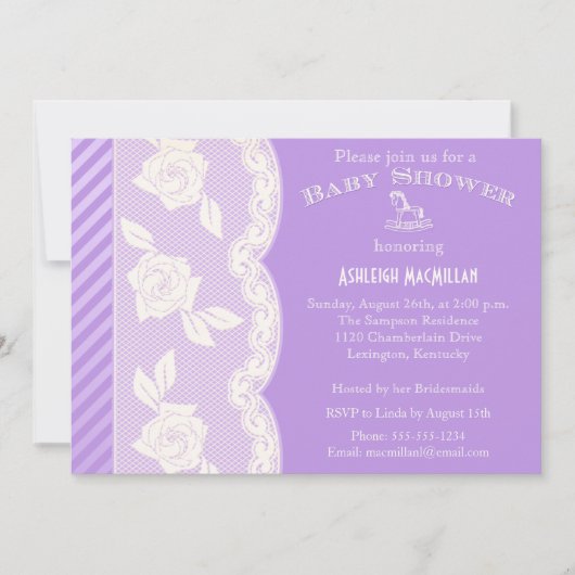 Lila Paars, Ivory Floral Lace Baby shower Invite Kaart (Voorkant)