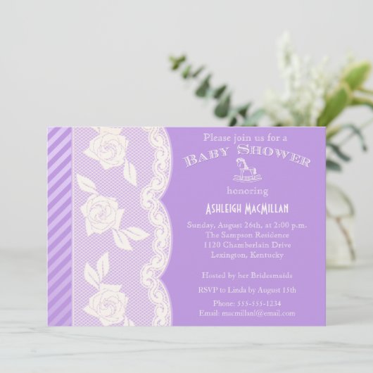 Lila Paars, Ivory Floral Lace Baby shower Invite Kaart (Staand voorkant)