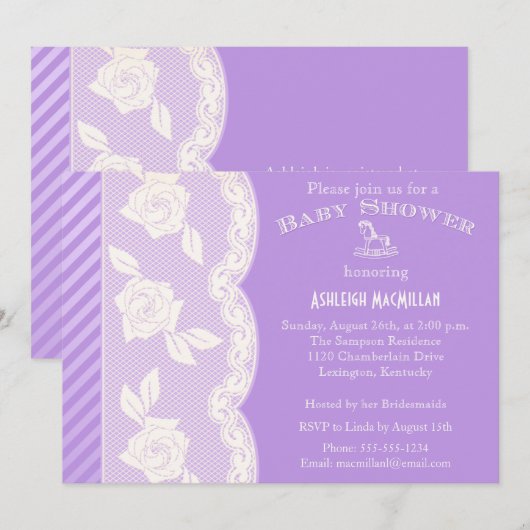 Lila Paars, Ivory Floral Lace Baby shower Invite Kaart (Voorkant / Achterkant)