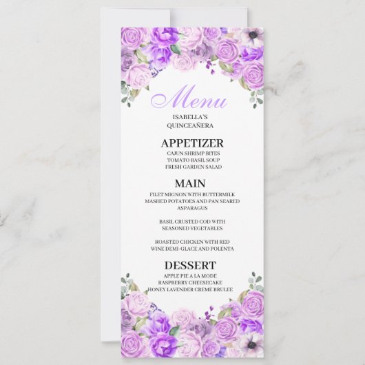 Lila Paars menu Floral Quinceanera Kaart (Voorkant)