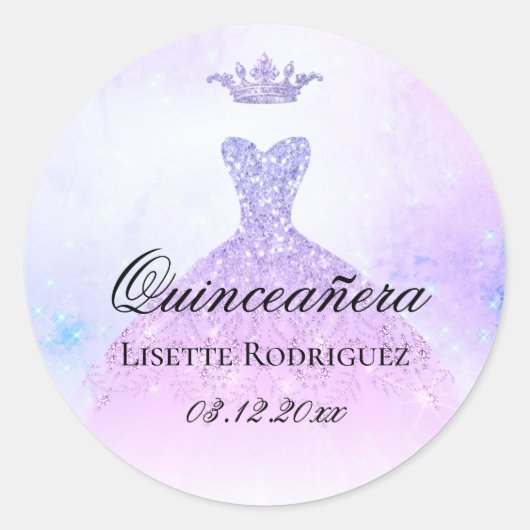 Lila Paars Quinceanera - Gepersonaliseerd Ronde Sticker (Voorkant)