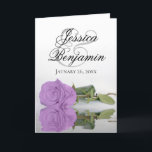 Lila Paars Roos Elegant Romantic Foto Weddenschap<br><div class="desc">Deze prachtige huwelijksuitnodigingen zijn voorzien van een verbluffend design met één enkel lila paars roos met lange steentjes die reflecteren in water met golven en rimpels. De voorzijde toont de eerste namen van het paar in fancy manuscript het schrijven. Binnen is ruimte voor de foto van het stel samen met...</div>