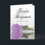 Lila Paars Roos Elegant Romantic Foto Weddenschap<br><div class="desc">Deze prachtige huwelijksuitnodigingen zijn voorzien van een verbluffend design met één enkel lila paars roos met lange steentjes die reflecteren in water met golven en rimpels. De voorzijde toont de eerste namen van het paar in fancy manuscript het schrijven. Binnen is ruimte voor de foto van het stel samen met...</div>