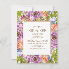 Lila Paars roze Floral Sip Zie Baby shower Kaart
