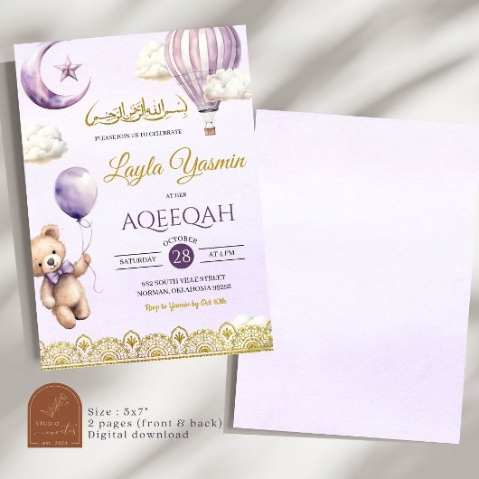 Lila Paarse Aqeeqah Moslim Verjaardag Meisje Kaart
