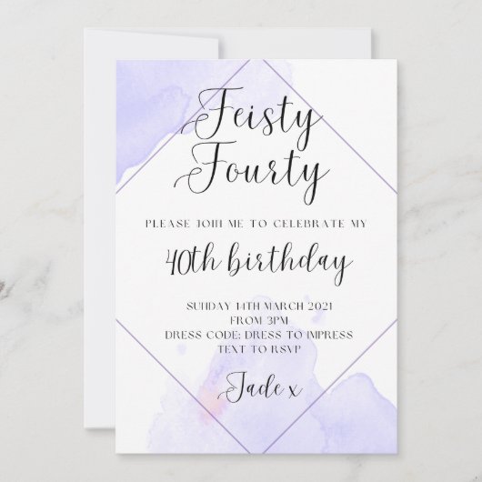 Lila Paarse aquarel 40e verjaardag uitnodiging (Voorkant)