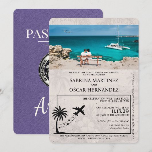 Lila Paarse Aruba Paspoort bruiloft uitnodiging (Voorkant / Achterkant)