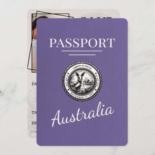 Lila Paarse Australië Paspoort Bewaar de datum Save The Date (Voorkant / Achterkant)