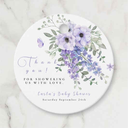 Lila paarse bloemen baby shower Dank u label (Voorkant)