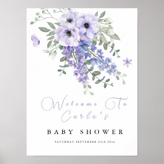 Lila paarse Bloemen baby shower Welkomstbord Poster (Voorkant)