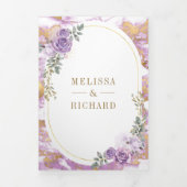 Lila Paarse Bloemen Gouden Marmer Alles in Een Bru Drieluik Uitnodiging (Cover)
