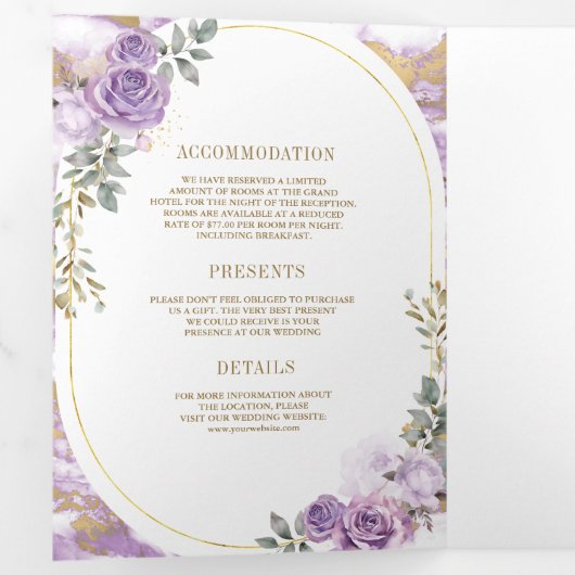 Lila Paarse Bloemen Gouden Marmer Alles in Een Bru Drieluik Uitnodiging (Binnenzijde eerst)