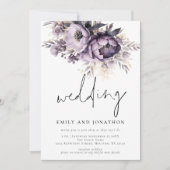 Lila Paarse Bloemen Informeel Script Bruiloft Kaart (Voorkant)