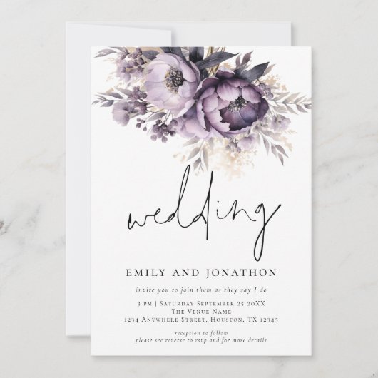 Lila Paarse Bloemen Informeel Script Bruiloft Kaart (Voorkant)