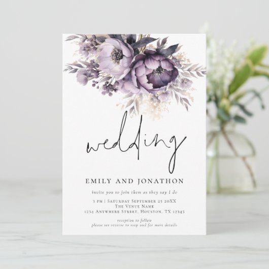 Lila Paarse Bloemen Informeel Script Bruiloft Kaart (Staand voorkant)