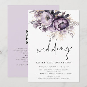 Lila Paarse Bloemen Informeel Script Bruiloft Kaart