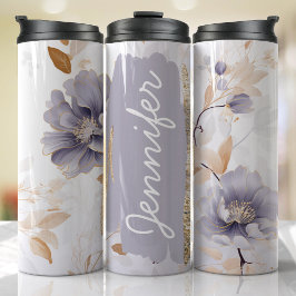 Lila Paarse Bloemen Naam toevoegen Aangepast cadea Thermosbeker