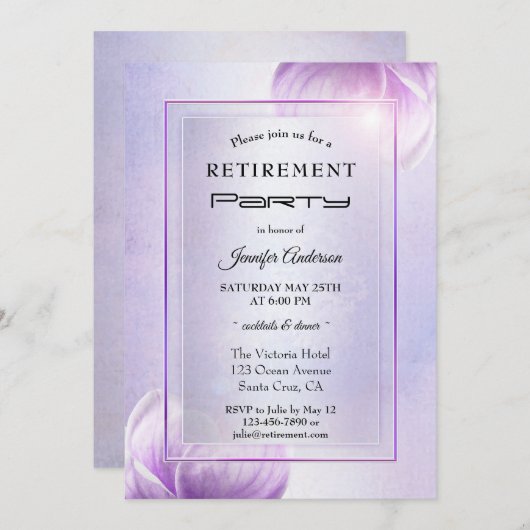 Lila Paarse Bloemen Uitnodiging van het Pensioenfe (Voorkant / Achterkant)