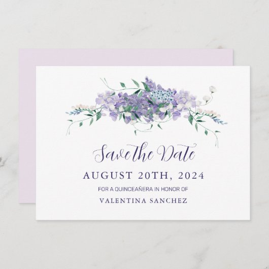 Lila Paarse bloemenquinceanera Save The Date (Voorkant / Achterkant)