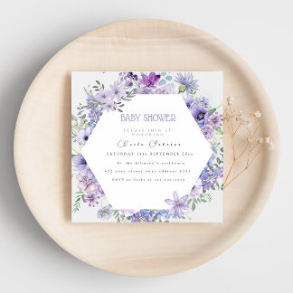 Lila paarse bloemenuitnodiging voor baby shower feestdagenkaart