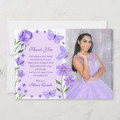 Lila Paarse Bloemenvlinders Foto Quinceañera Bedankkaart (Voorkant)