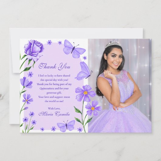 Lila Paarse Bloemenvlinders Foto Quinceañera Bedankkaart (Voorkant)
