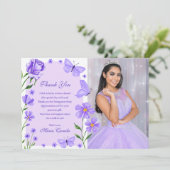 Lila Paarse Bloemenvlinders Foto Quinceañera Bedankkaart (Staand voorkant)