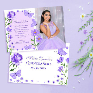 Lila Paarse Bloemenvlinders Foto Quinceañera Bedankkaart