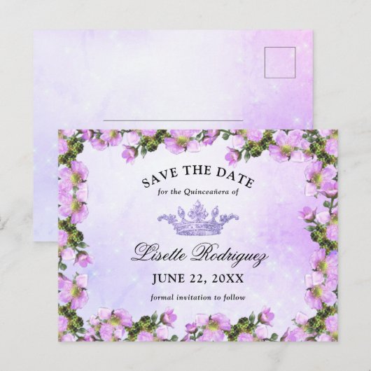 Lila Paarse Bloemige Quinceanera Save The Date Briefkaart (Voorkant / Achterkant)