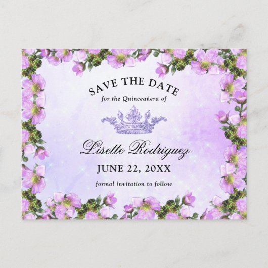 Lila Paarse Bloemige Quinceanera Save The Date Briefkaart (Voorkant)