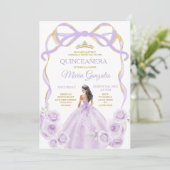 Lila Paarse Bow Princess Gold Crown Quinceañera Kaart (Staand voorkant)