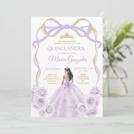 Lila Paarse Bow Princess Gold Crown Quinceañera Kaart (Staand voorkant)