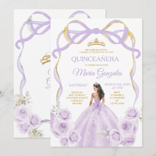 Lila Paarse Bow Princess Gold Crown Quinceañera Kaart (Voorkant / Achterkant)