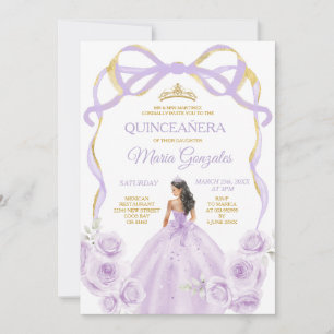 Lila Paarse Bow Princess Gold Crown Quinceañera Kaart