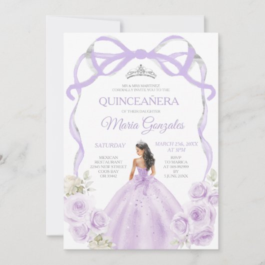 Lila Paarse Bow Princess Silver Crown Quinceañera Kaart (Voorkant)