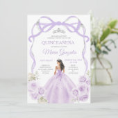 Lila Paarse Bow Princess Silver Crown Quinceañera Kaart (Staand voorkant)