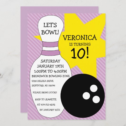 Lila Paarse Bowling Bash Bowling Birthday Party Kaart (Voorkant / Achterkant)