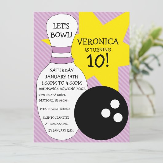 Lila Paarse Bowling Bash Bowling Birthday Party Kaart (Staand voorkant)