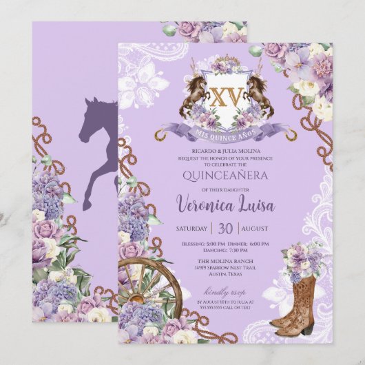 Lila Paarse Classy Westerne Charro Quinceanera Kaart (Voorkant / Achterkant)