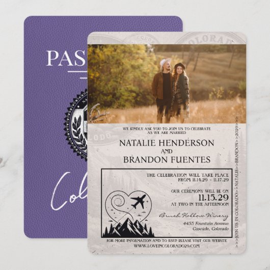 Lila Paarse Colorado Passport Wedding Kaart (Voorkant / Achterkant)