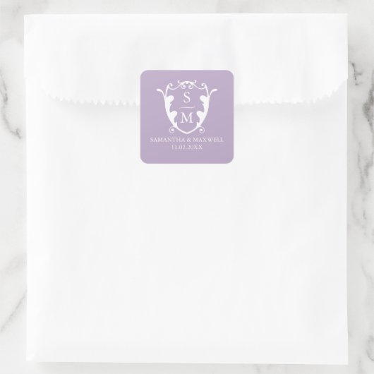 Lila Paarse Crest Monogram Bruiloft Stickers (Tas)