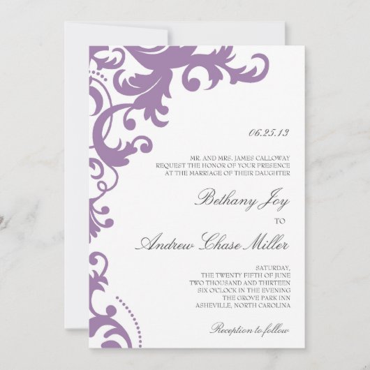 Lila Paarse Elegant Damask Wedding Uitnodiging (Voorkant)